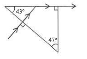 Ray entering a right-angled glass prism with angles 43 and 47 degrees and emerging along the top edge