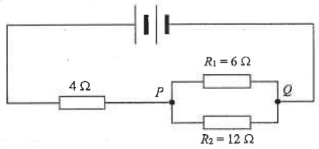 Battery with a 4 ohm resistor in series with R1 = 6 ohm and R2 = 12 ohm in parallel between P and Q