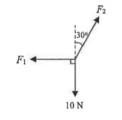Forces on an object: F1 to the left, F2 up and to the right at 30 degrees to the vertical, 10 N downward