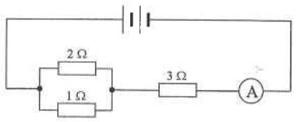 Battery with 2 ohm and 1 ohm resistors in parallel, in series with a 3 ohm resistor and an ammeter
