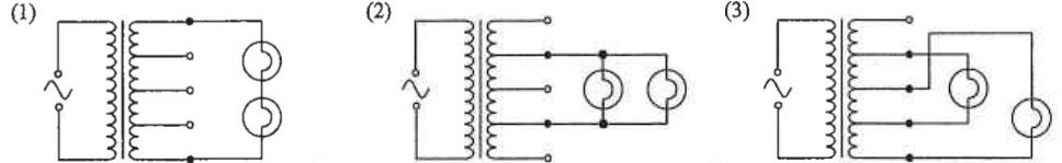Three ways (1), (2), (3) of connecting the two bulbs to the tapped secondary coil