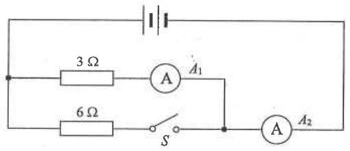 Battery, 3 ohm resistor with ammeter A1, and 6 ohm resistor with switch S in parallel, with ammeter A2 in the main line