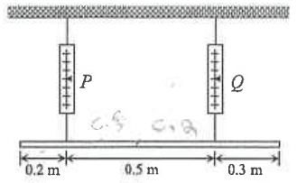 Uniform rod hung by two spring balances P and Q: P is 0.2 m from the left end, 0.5 m between P and Q, Q is 0.3 m from the right end