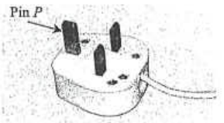 Photograph of a three-pin plug with pin P indicated