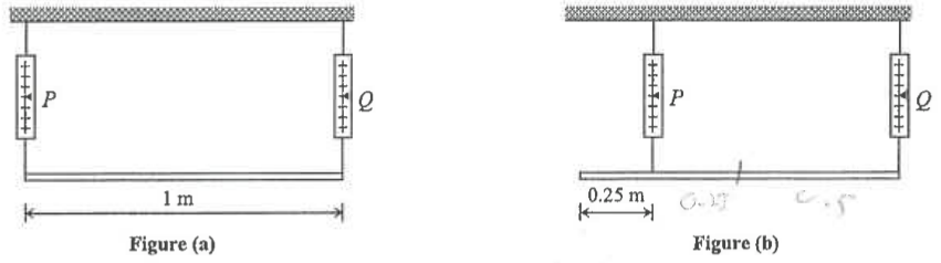 Figure (a): uniform plank, 1 m long, hung by two spring balances P and Q at its ends. Figure (b): balance P moved 0.25 m towards Q