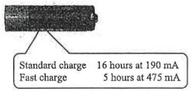 Rechargeable cell labelled Standard charge 16 hours at 190 mA, Fast charge 5 hours at 475 mA