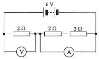 6 V battery with three 2 ohm resistors in series, a voltmeter across the first and an ammeter across the last two