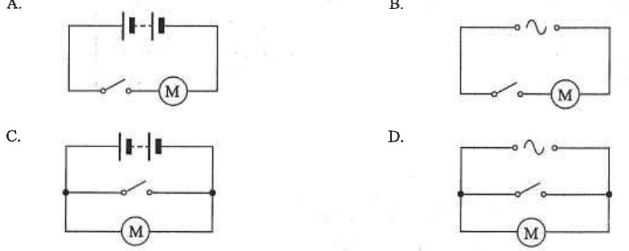 Four circuits A to D with a motor and switch: A battery, B a.c. source, C battery with the switch in parallel with the motor, D a.c. source with the switch in parallel with the motor