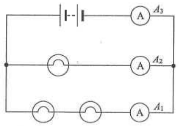 Battery with three parallel branches: one bulb with ammeter A2, two bulbs in series with ammeter A1, and ammeter A3 in the main line