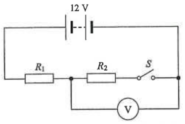 12 V battery with resistors R1 and R2 and switch S in series, voltmeter across R2 and the switch