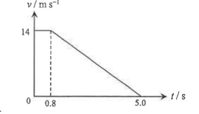 Speed-time graph: constant 14 m/s until 0.8 s, then decreasing linearly to zero at 5.0 s