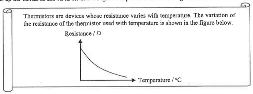 Information scroll: thermistors are devices whose resistance varies with temperature; graph of resistance against temperature falling steeply then flattening