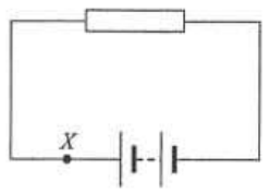 Simple circuit with a resistor and a cell, point X marked on the wire