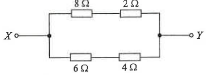 Resistors 8 ohm and 2 ohm in series in parallel with 6 ohm and 4 ohm in series between X and Y