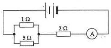 Battery with 1 ohm and 5 ohm resistors in parallel in series with a 2 ohm resistor and an ammeter