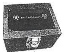 Photograph of a wooden box with a hinged lid and a radioactive warning label