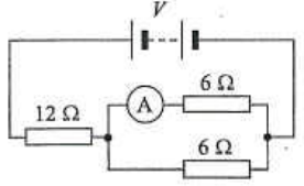 Battery V with a 12 ohm resistor in series with two 6 ohm resistors in parallel, an ammeter in one branch