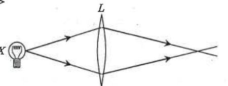 Light bulb X and convex lens L with the light converging beyond the lens