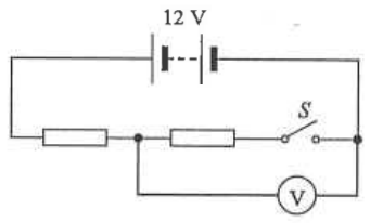 12 V battery with two resistors in series, switch S, and a voltmeter across the second resistor and the switch