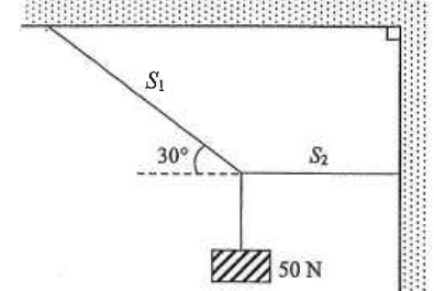 A 50 N block hung from two threads: S1 at 30 degrees to the horizontal and S2 horizontal