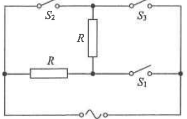 Heater circuit with two resistors R and switches S1, S2 and S3 connected to the mains
