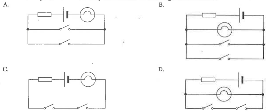 Four circuits A to D with a battery, resistor, lamp and two door switches