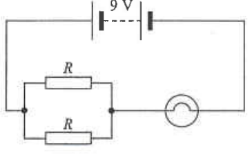 Circuit with 9 V battery, two resistors R in parallel, in series with a bulb