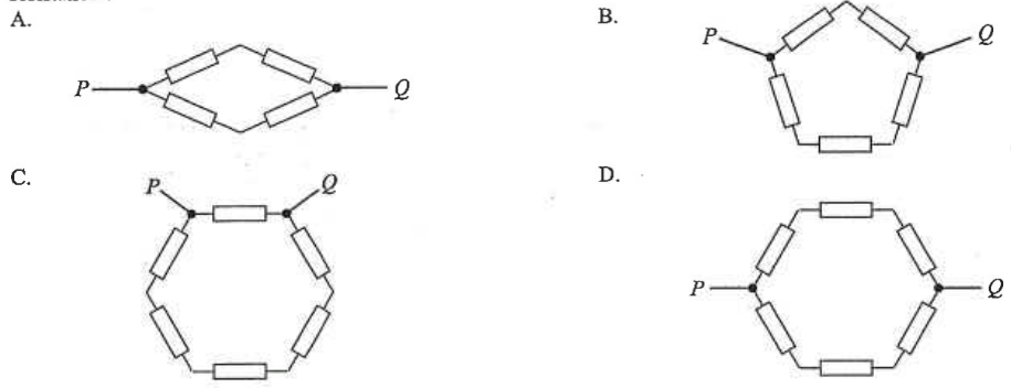 Four ring-shaped resistor networks A to D with terminals P and Q: A has 2 resistors per side, B pentagon, C hexagon with P and Q adjacent, D hexagon with P and Q opposite