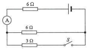Battery with 6 ohm resistor, ammeter, 6 ohm resistor, and 3 ohm resistor with switch S