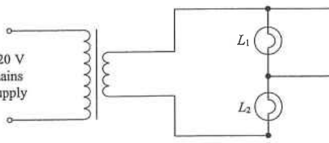220 V mains supply, ideal transformer, lamps L1 and L2 in series on the secondary with a switch S across L1