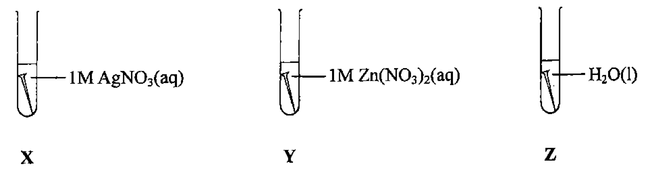 三支試管X、Y和Z,各盛有一根鐵釘,分別浸於1M AgNO₃(aq)、1M Zn(NO₃)₂(aq)和H₂O(l)中