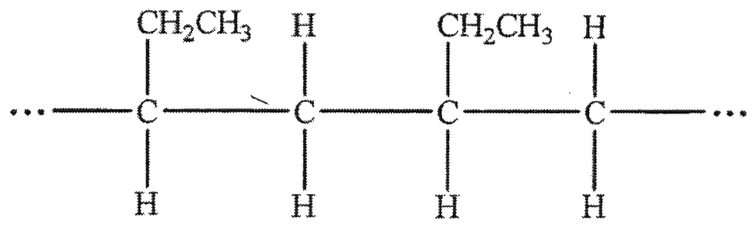 某加成聚合物鏈的一段:碳骨架上每隔一個碳原子帶有一個 CH₂CH₃ 基團和一個氫原子,其餘碳原子各帶兩個氫原子