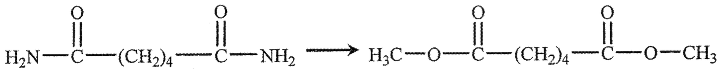 H₂N–CO–(CH₂)₄–CO–NH₂（二酰胺）轉化成 H₃C–O–CO–(CH₂)₄–CO–O–CH₃（二酯）
