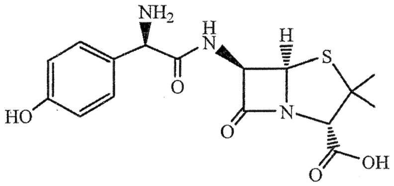 阿莫西林的結構式：4-羥基苯環連接至 CH(NH₂) 碳，經酰胺鍵連接至 β-內酰胺環，並與帶兩個甲基和一個 COOH 基團的噻唑烷環稠合