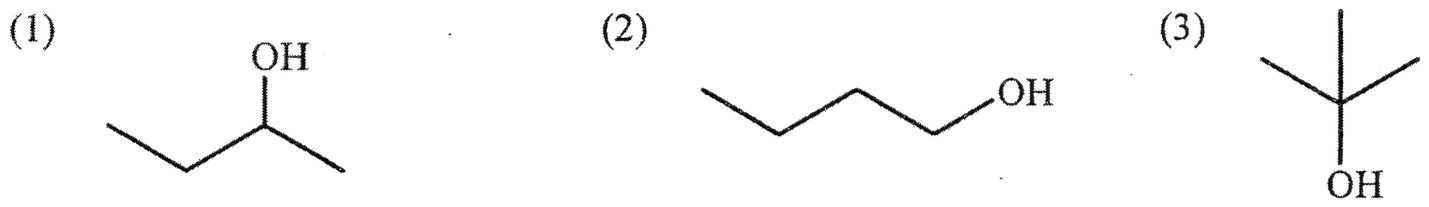 骨架式：(1) 丁-2-醇，(2) 丁-1-醇，(3) 2-甲基丙-2-醇