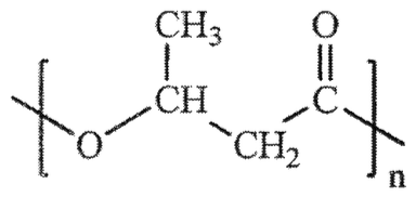 方括號內帶下標 n 的聚合物重複單元：–O–CH(CH₃)–CH₂–C(=O)–