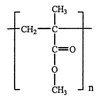 聚合物結構：重複單位 [–CH₂–C(CH₃)(CO–O–CH₃)–]n，即碳原子連有 CH₃ 及 C(=O)–O–CH₃