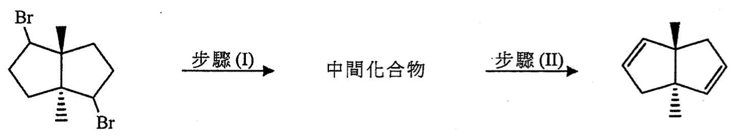 轉化圖：雙環二溴化合物（兩個相連的五員環，帶有甲基，每環各有一個 Br）—步驟 (I)→ 中間化合物 —步驟 (II)→ 雙環二烯（每環各有一個 C=C）