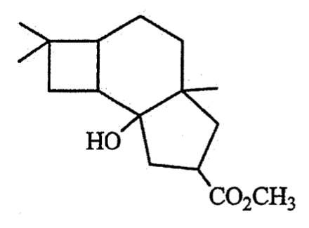 多環化合物的鍵線式：一個帶兩個甲基的環丁烷環與一個六員環相連，六員環再與一個五員環相連；六員環與五員環共用的環碳帶有一個 OH，其相鄰環碳帶有一個甲基，五員環帶有一個 CO₂CH₃