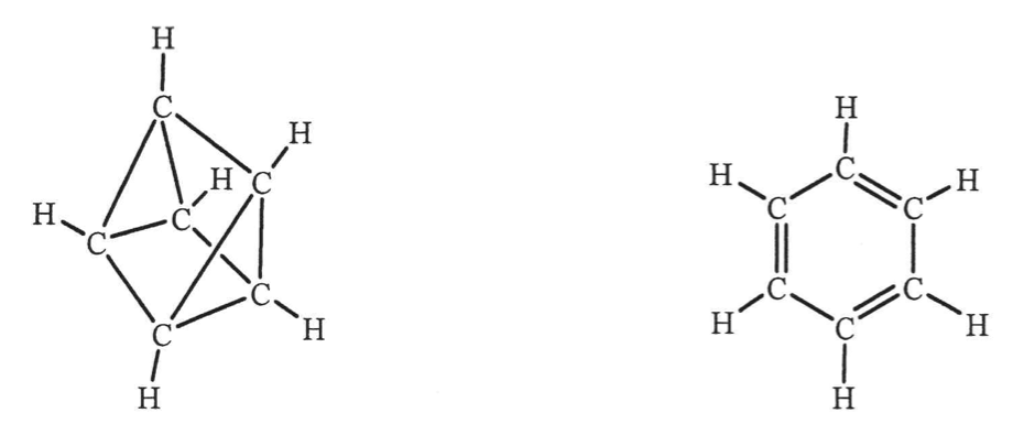 兩個化合物的展開結構式：籠狀 C₆H₆ 結構（左）和苯（右）