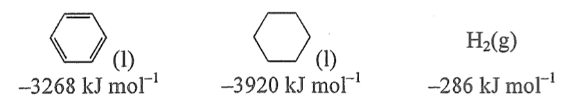 標準燃燒焓變:苯(l) –3268 kJ mol⁻¹,環己烷(l) –3920 kJ mol⁻¹,H₂(g) –286 kJ mol⁻¹