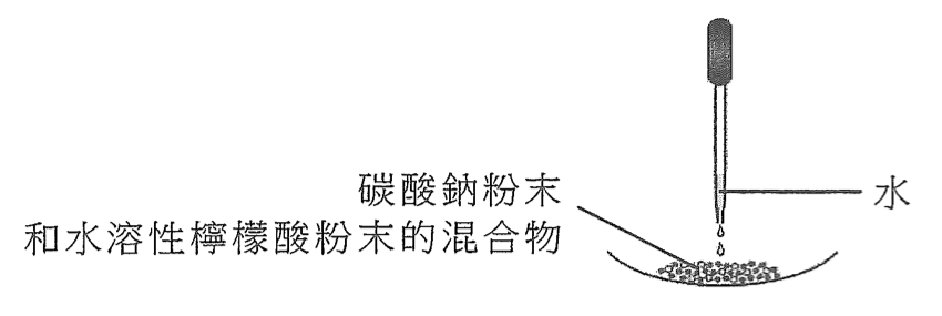 裝置:用滴管把水滴到碟內碳酸鈉粉末和水溶性檸檬酸粉末的混合物上