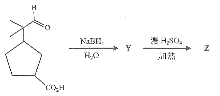 轉化流程：帶有 –C(CH₃)₂–CHO 及 –CO₂H 基團的環戊烷，經 NaBH₄/H₂O 轉化為 Y，再經濃 H₂SO₄ 加熱轉化為 Z