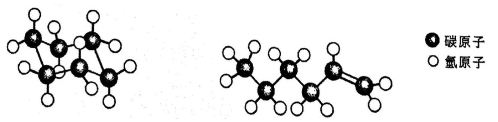 兩個烴的球棍模型:左為含氫原子的六碳環,右為末端具一個 C=C 雙鍵的六碳直鏈;圖例:碳原子(深色球)、氫原子(空心球)