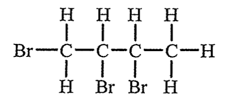 四碳鏈的結構式 Br–CH₂–CHBr–CHBr–CH₃:第一個碳連接 Br,第二及第三個碳各連接一個 Br