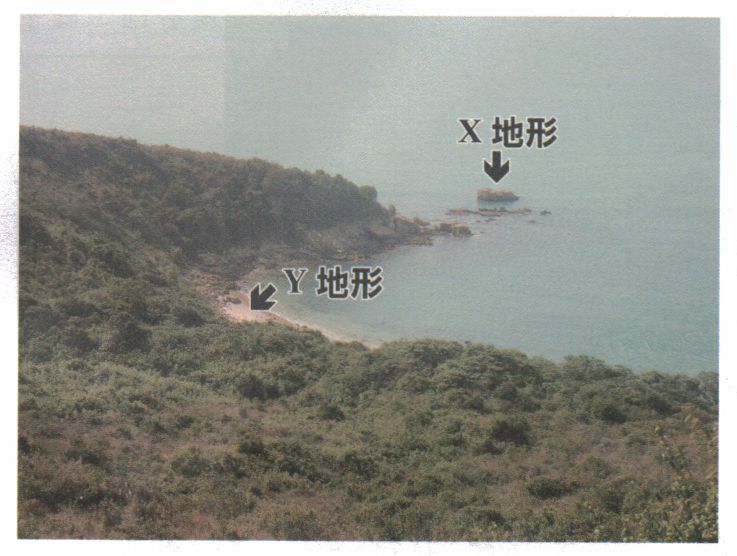 顯示X地形(岬角外的岩石)及Y地形(小沙灘)的海岸照片
