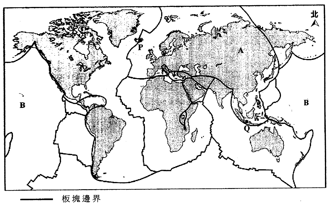 顯示板塊邊界、A及B板塊與P及Q島嶼的世界地圖