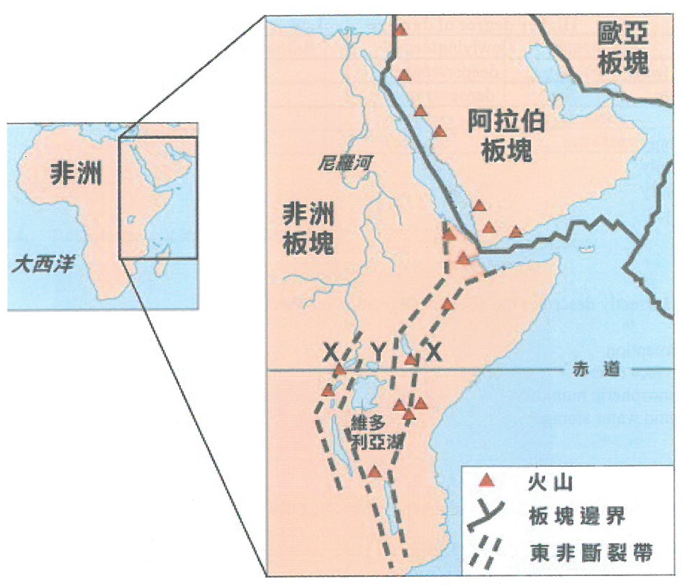 顯示東非斷裂帶、板塊、火山、板塊邊界以及X和Y地形的地圖