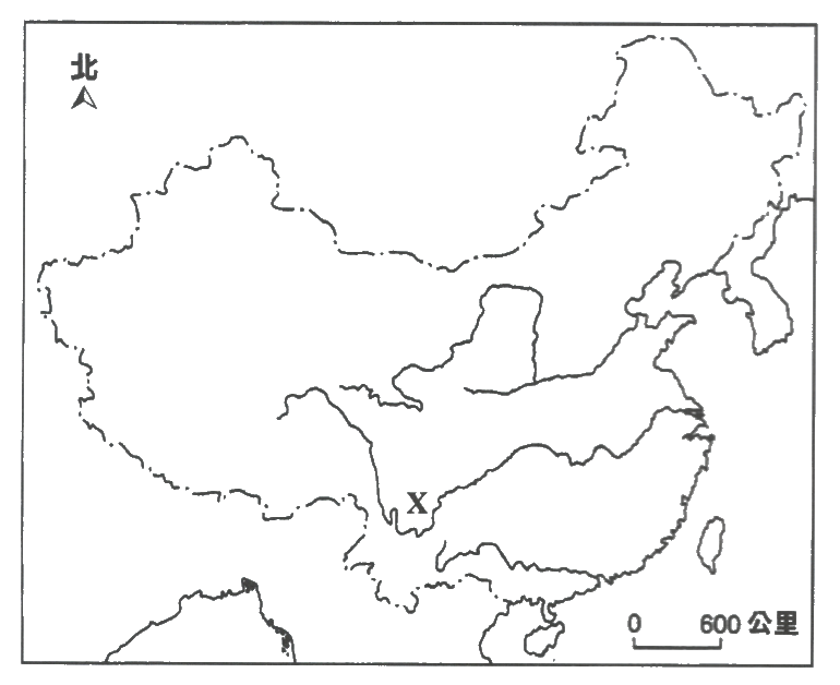中國輪廓圖,西南部標示 X 地區,比例尺為 0 至 600 公里