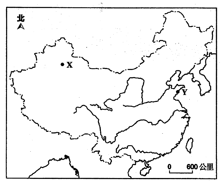 標示 X 城市(西北)及 Y 城市(東岸)的中國地圖,附指北針及 0 至 600 公里比例尺